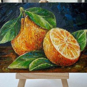 Pintura a óleo original, arte de laranjas pintadas à mão, pequena natureza morta, frutas, cozinha, arte de parede, decoração de 4 por 6 polegadas, presente