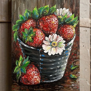 Pintura a óleo original morangos impressionismo arte pintada à mão pequena arte bagas cozinha arte da parede decoração 4 por 6 polegadas presente presente
