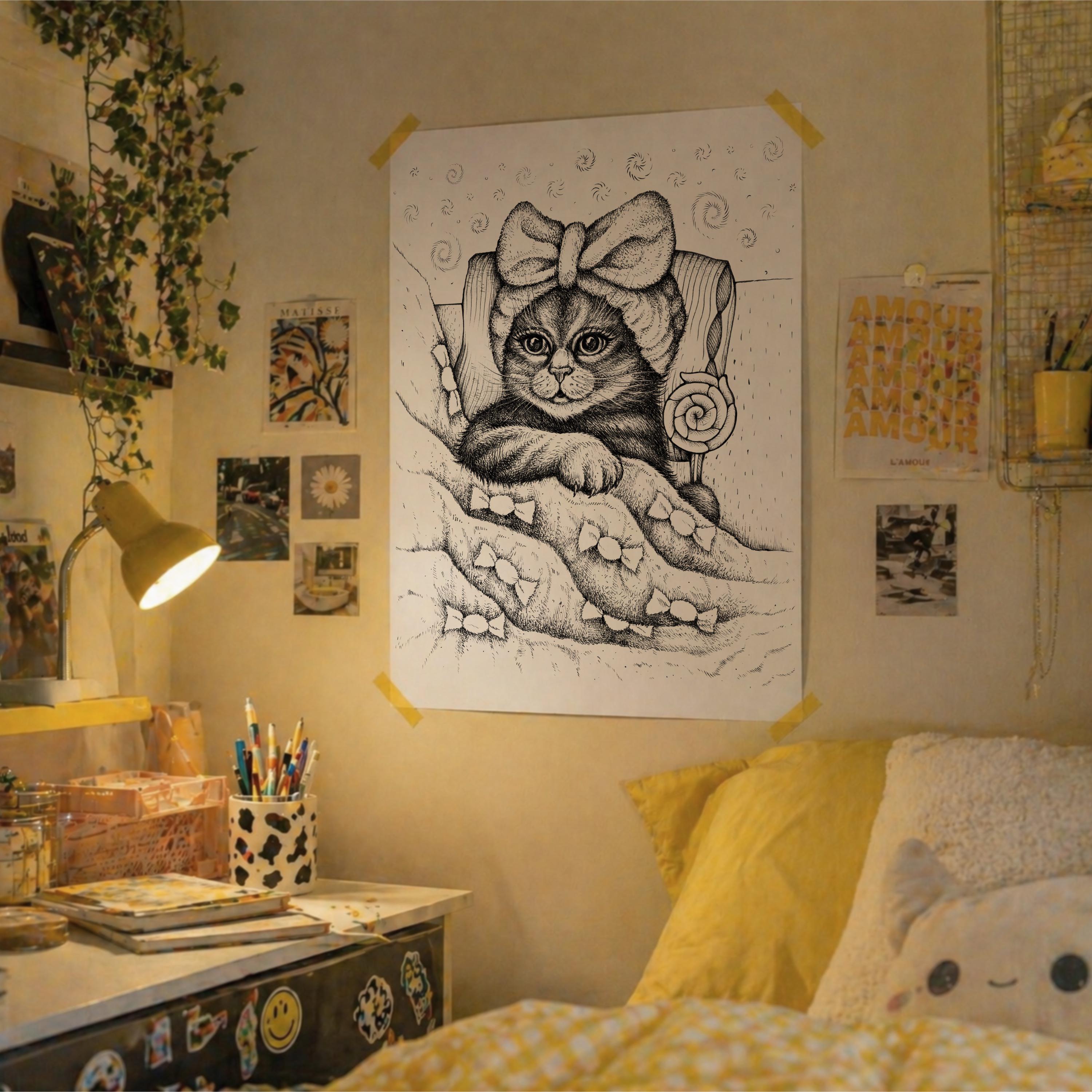 Cozy Cat Printable Wall Art, Cute Kitten Poster, Black and White ...