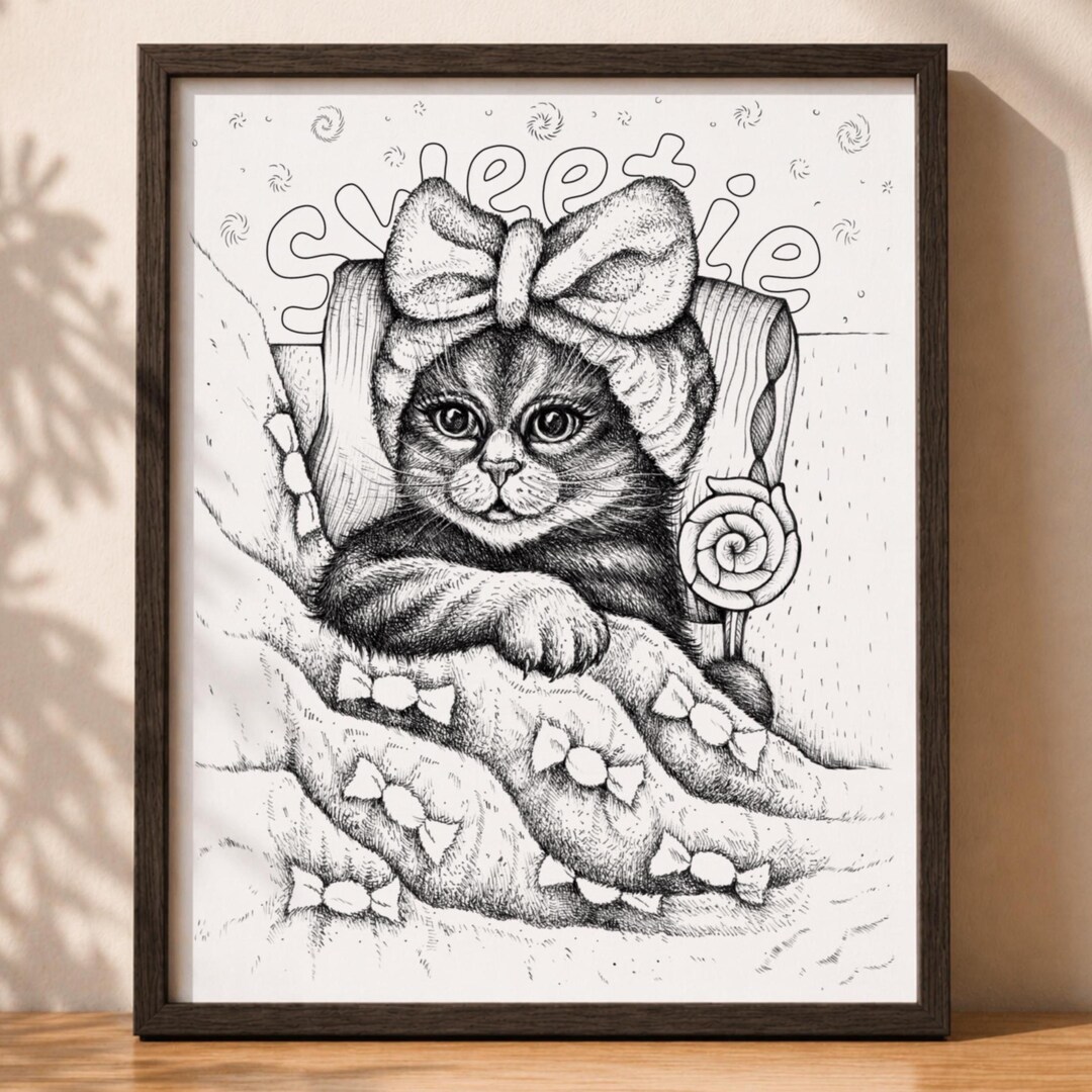 Cute Cat Wall Art Print, Hand Drawn Black and White Kitten Poster, Cozy ...