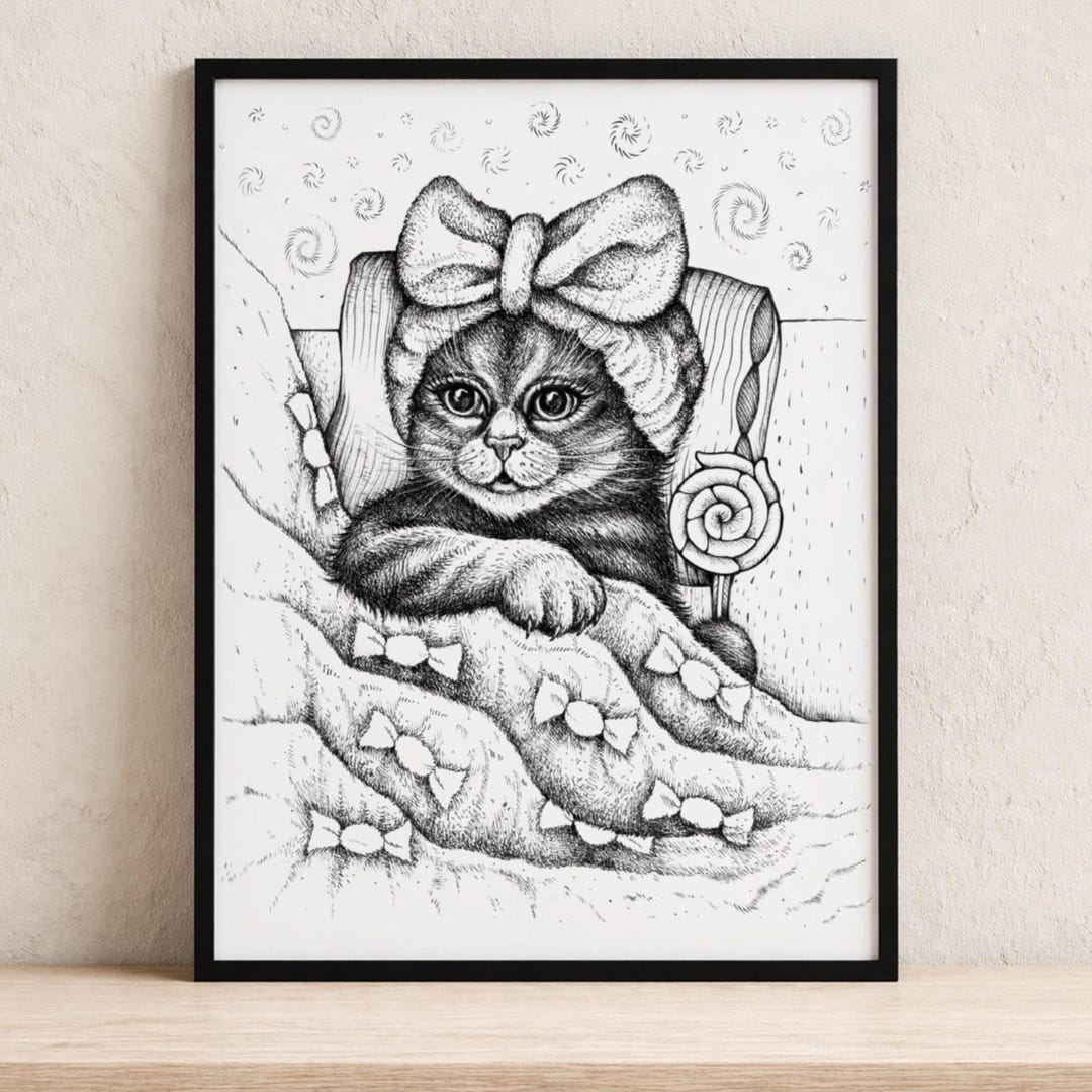 Cozy Cat Printable Wall Art, Cute Kitten Poster, Black and White ...