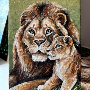 Pintura a óleo original leão e bebê leão animal arte trabalho pintado à mão leões arte de parede presente 4 por 6 polegadas agradável presente presente