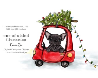 Puppy in Christmas Car Baby French Bulldog Christmas Season Holiday Watercolor Festive Planner Dog Lover Pet Portrait Christmas Tree on Car