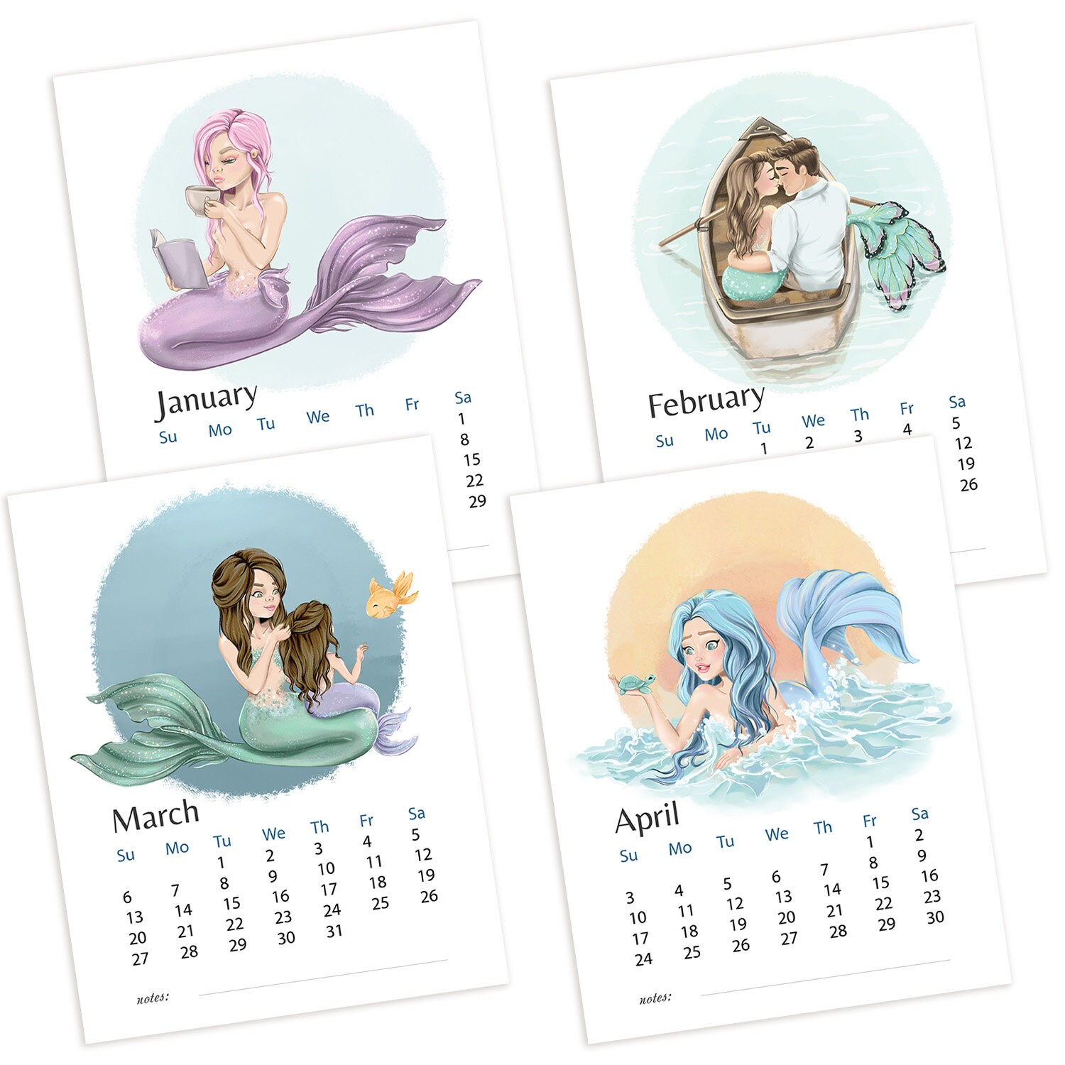 mermaid-illustrations-printable-calendar-2025-seasonal-12-monthly-pages-instant-download-desk-calendar-instagram-planner-template-etsy