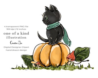 Halloween Black Cat on Pumpkin Clipart Illustration Cute Kitty Autumn Clip art Pumpkin Spooky Season Party Clip art