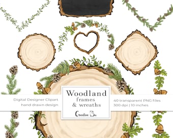 Wood Slice Clipart Rustic Sign Slices Frame Clip Art Tree Greenery Wedding Invitation Woodland Wreath Baby Shower Planner Sticker