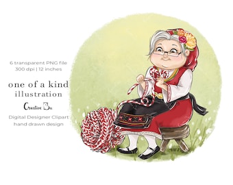 Granny March Knitting Clipart Illustration Baba Marta Clipart Bulgarian Folklore Ethnic Clipart Martenica Yarn Needlework Illustration PNG