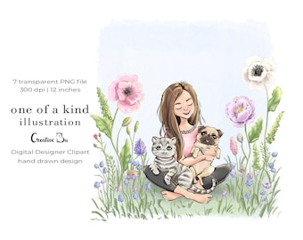 Girl and Pets Clipart Dog Clipart Girl and Dog Cat Book Cover Illustration Dog and Cat lover Wild Flowers