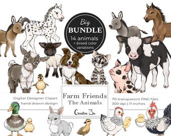 Farm Baby Animal Clipart Farmyard Animal PNG Donkey Horse Duckling Bunny Sheep Dog Border Collie Pig Rooster Hen Cat Kitten Cow Chicken Goat