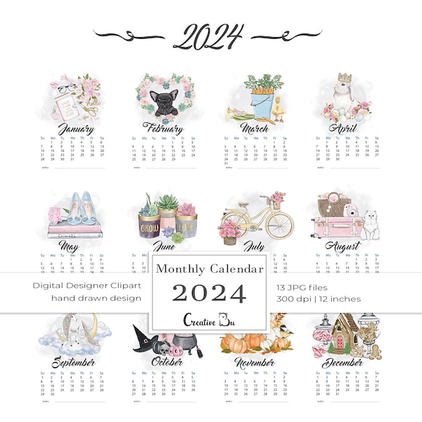 Watercolor Illustrations Printable Calendar 2024 Seasonal 12 Monthly Pages Instant Download Desk Calendar Instagram Planner Template