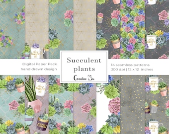 Succulent Plants Seamless Pattern Cactus Watercolor Digital Paper Cacti Exotic Digital Paper Desert Plants Gardening Floral Patterns Plant