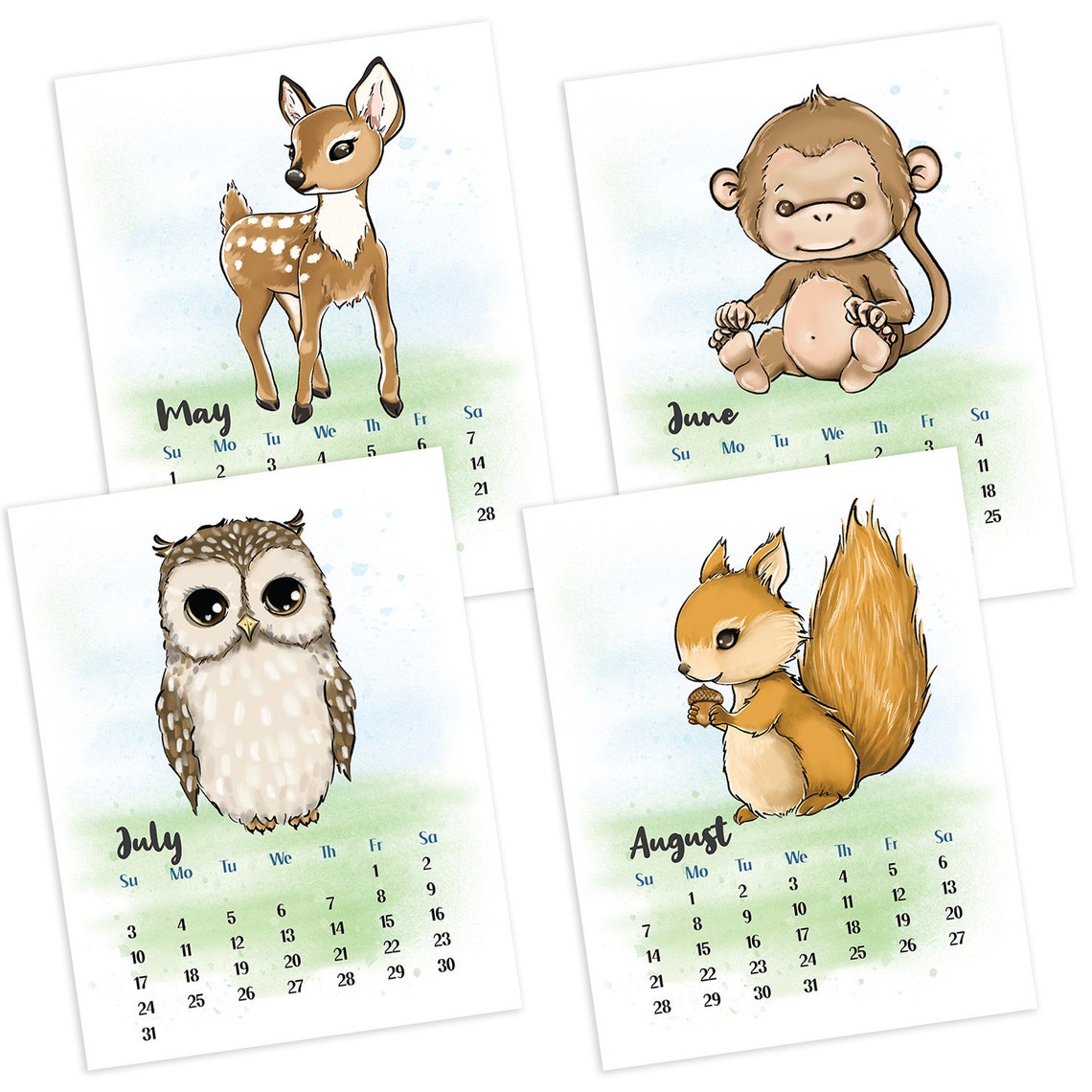 Cute Animals Printable Calendar 2023 Kids Seasonal 12 Monthly Etsy