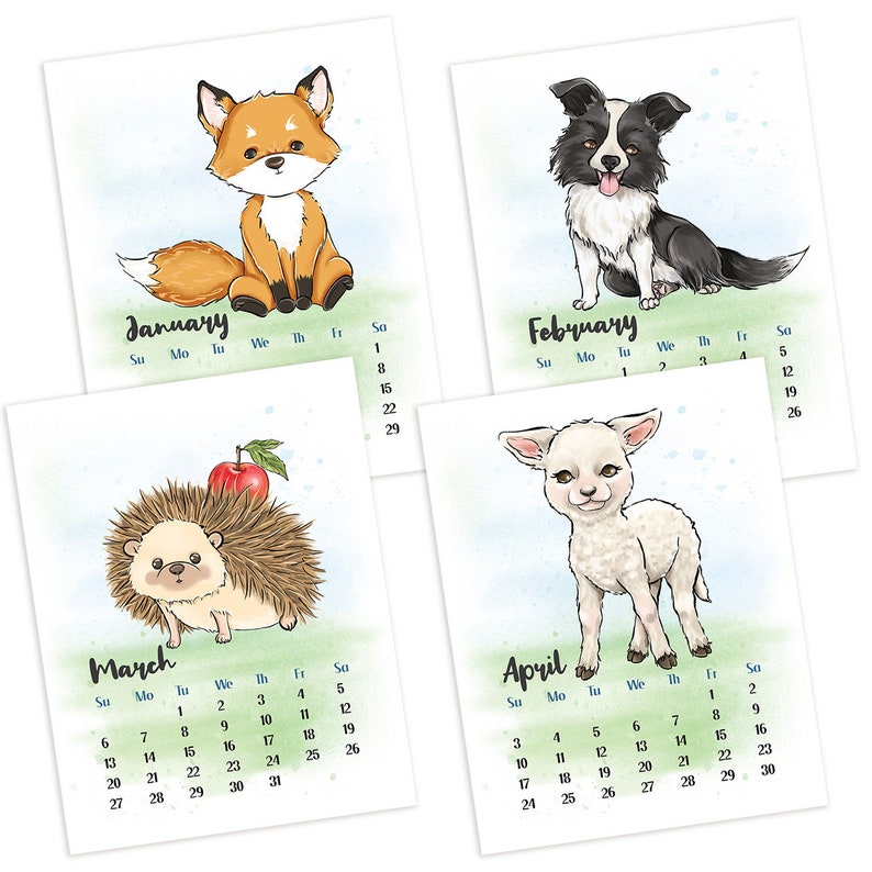 Cute Animals Printable Calendar 2023 Kids Seasonal 12 Monthly - Etsy