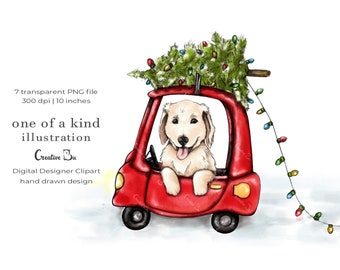 Puppy in Christmas Car Baby Golden Retriever Christmas Season Holiday Watercolor Festive Planner Dog Lover Pet Christmas Tree on Car