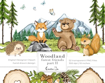 Woodland Forest Animals Clipart Into the Forest Birthday Party Planner Sticker Surface Printable Cute Bear Cub Hedgehog Fox Squirrel Clipart