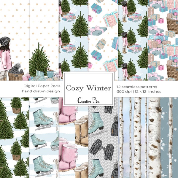 Cozy Winter Birch Tree Digital Seamless Pattern Fashion Girl Winter Forest Backdrop Ice Skating Boots Christmas Gifts Sticker Nursery Fabric