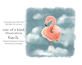 Aesthetic Printable Flamingo In Clouds Clipart Summer Vibes Planner Goodies Digital Graphics Wall Decor Decor PNG Sublimation Images