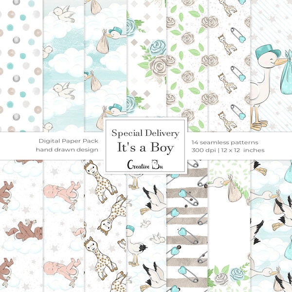 It's a Boy Seamless Pattern New Baby Boy Digital Paper Stork Baby Shower Pregnancy Planner Scrapbook Papers Cute Fabric Newborn Design