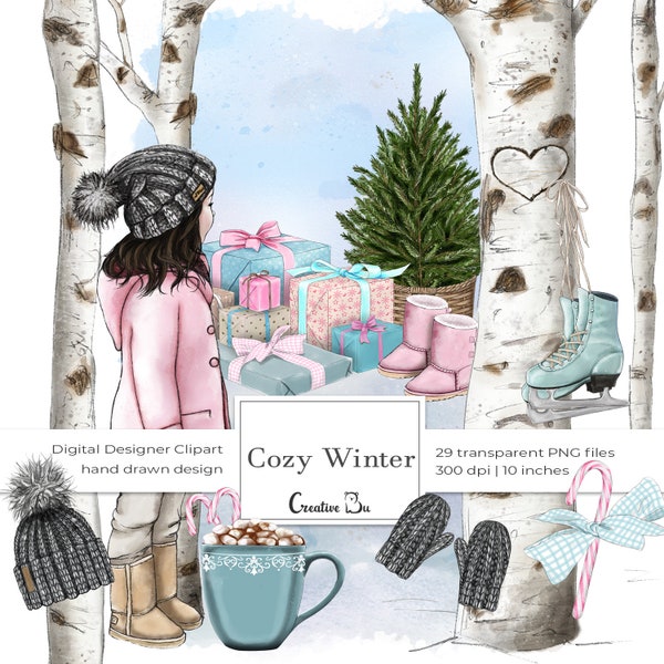 Cozy Winter Clipart Nursery Design Fashion Girl Clip Art Winter Birch Tree Forest Digital Backdrop Ice Skating Boots Christmas Gifts Sticker