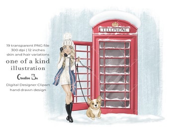 Fashion Girl London Clipart Red Telephone Box Phone Booth Corgi Dog Winter Scene Illustration Girl Boss Christmas London England PNG