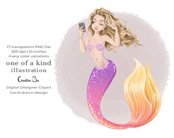 Fashion Illustration Social Media Mermaid Clipart Girl Boss Selfie African American Dark Skin Clip art Logo Girly Planner Cartoon Avatar