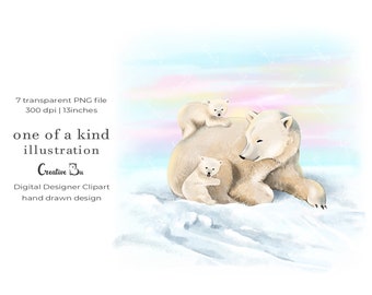 Polar Bear and Cubs Clipart Illustration Cute Mama Bear Baby White Bears Arctic Scene North Pole Animals PNG