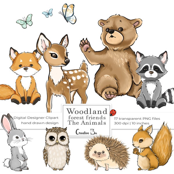 Woodland Baby Animals Clipart Into the Forest Birthday Party Cute Bear Cub Hedgehog Fox Squirrel Deer Bunny Rabbit Raccoon Owl Clip art