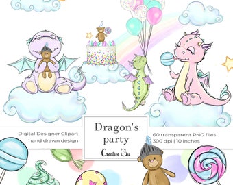 Cute Baby Dragons Birthday Lollipop Party Clipart Baby Shower Candy Illustration Pastel Colors Nursery Design Balloons Gifts Fairy Clip art