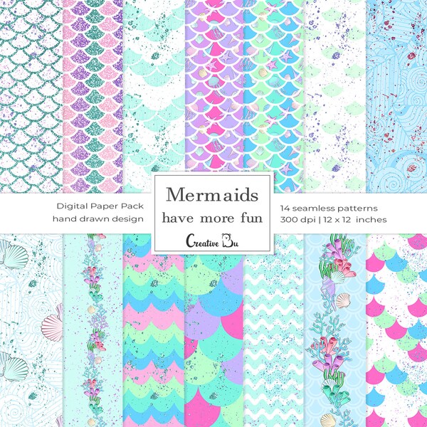 Glitter Mermaid Scales Seamless Pattern  Ocean Digital Paper Nautical Papers Surface Design Kids Party Seahorse Shell Starfish Background