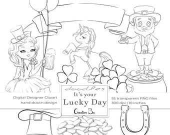 Digital Stamp St Patrick's Day Doodle Line Clipart Kids Printable Coloring Pages Shamrock Leprechaun Ireland Illustration Clover Sticker