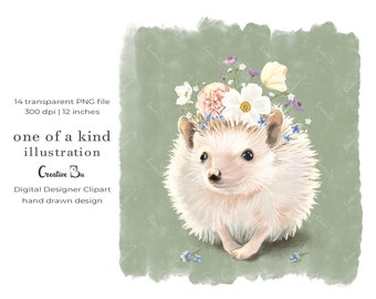 Hedgehog and Wild Flowers Wreath Clipart Illustration Cute Baby Forest Animal Woodland Watercolor Spring Easter PNG Card Design
