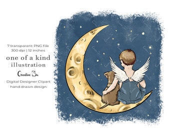 Best Friends Boy and Dog Little Angel Puppy Clipart To the Moon Illustration Night Sky Sweet Dreams Kids Book Cover Art