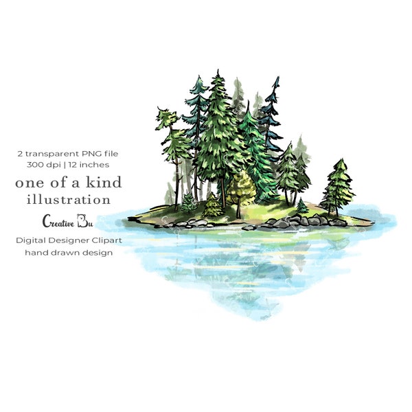 Woodland Pine Trees Clipart Lake Illustration Mountains Print on Demand Woods Art Sublimation Travel Clipart Outdoor Adventure Landscape