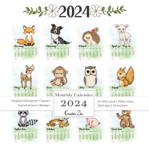 Calendrier 2024 des animaux Kawaii super mignons | Impression rigide