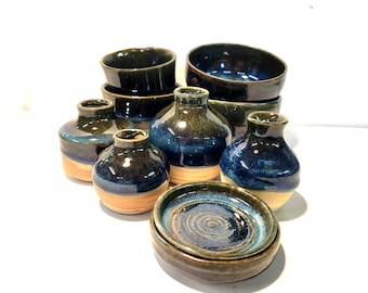 Handmade Ceramic Trinkets – Mini Vases, Bowls and Dishes – Deep Blue & Natural Clay
