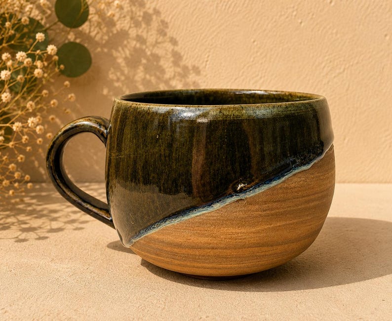 May include: A ceramic mug featuring a rounded shape and a handle. The upper portion is finished with a glossy, dark forest green glaze, while the lower section remains in a natural, unglazed tan clay finish, separated by a diagonal line.