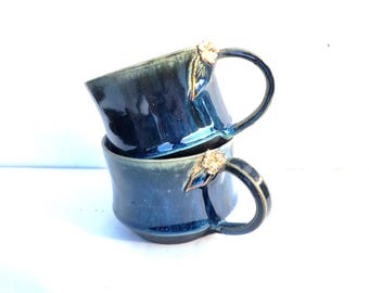 Handmade Ceramic Mugs with Golden Flower Detail – Blue Glaze