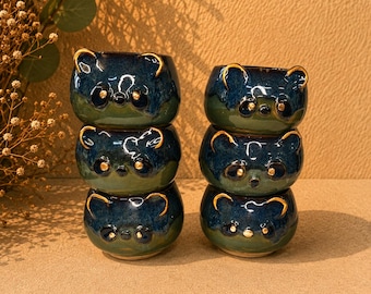Handmade Ceramic Panda Mug - Iridescent Blue-green