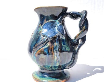 Handmade Ceramic Jug Vase – Twisted Handle & Leaf Detail in Iridescent Blue Glaze