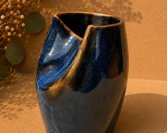 Handmade Ceramic Vase – Unique Blue & Gold Pottery