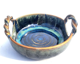 Handmade Ceramic Bowl with Twisted Handles – Blue-Green Glaze | Second Quality | Two Sizes