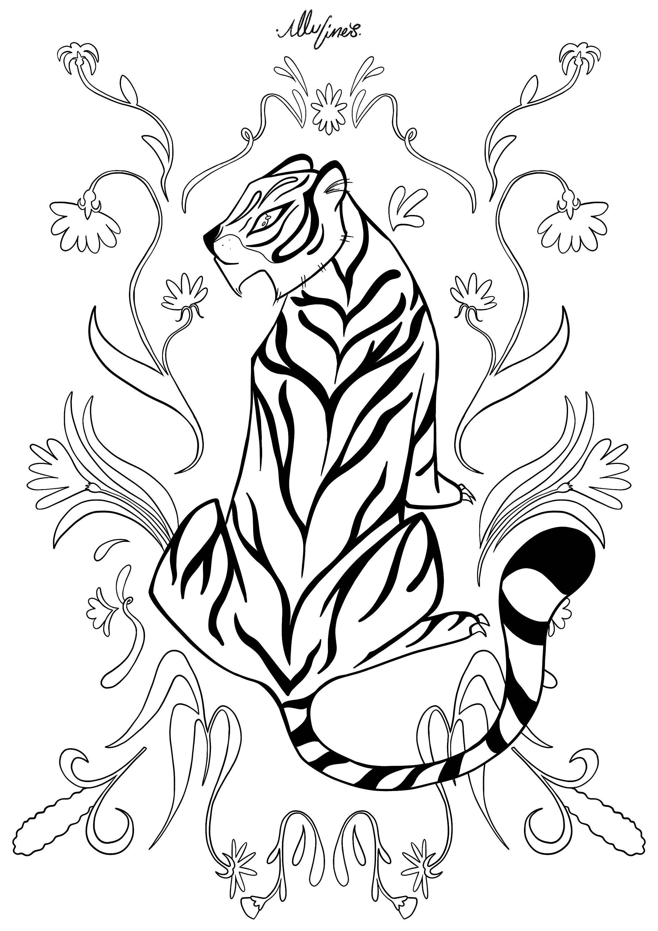 Hand-drawn Coloring Tiger Print Tiger Coloring Drawing - Etsy