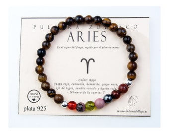 Aries zodiac elastic bracelet mounted on 7 6 mm minerals and sterling silver