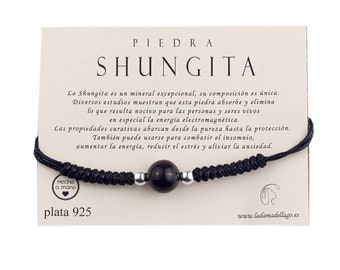 Pulsera de 1 bola de shungit para protección , purificación y sanación montada en macrame negro unisex y ajustable terminada en plata de ley