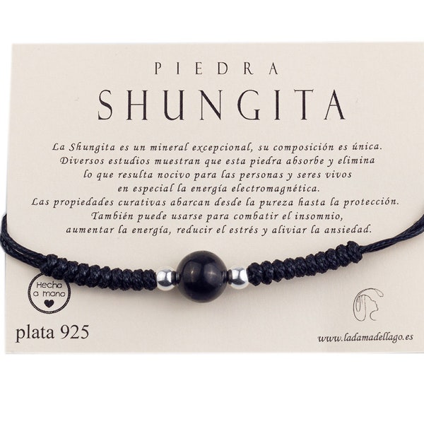 Bracelet with 1 shungite ball for protection, purification and healing mounted on unisex and adjustable black macrame finished in sterling silver