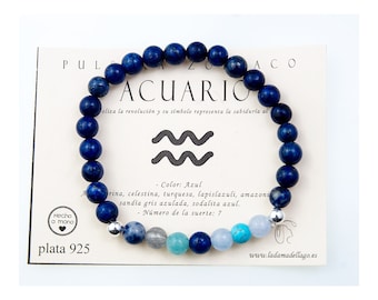 Aquarius zodiac bracelet mounted on 6 mm minerals and sterling silver