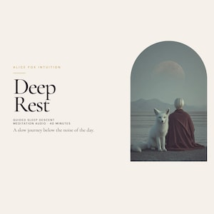 Może przedstawiać: Grafika cyfrowa z tekstem Alice Fox Intuition, Deep Rest, Guided Sleep Descent, Meditation Audio - 40 Minutes oraz A slow journey below the noise of the day. Łukowate okno ukazuje białego lisa i osobę w ciemnej pelerynie na tle krajobrazu.