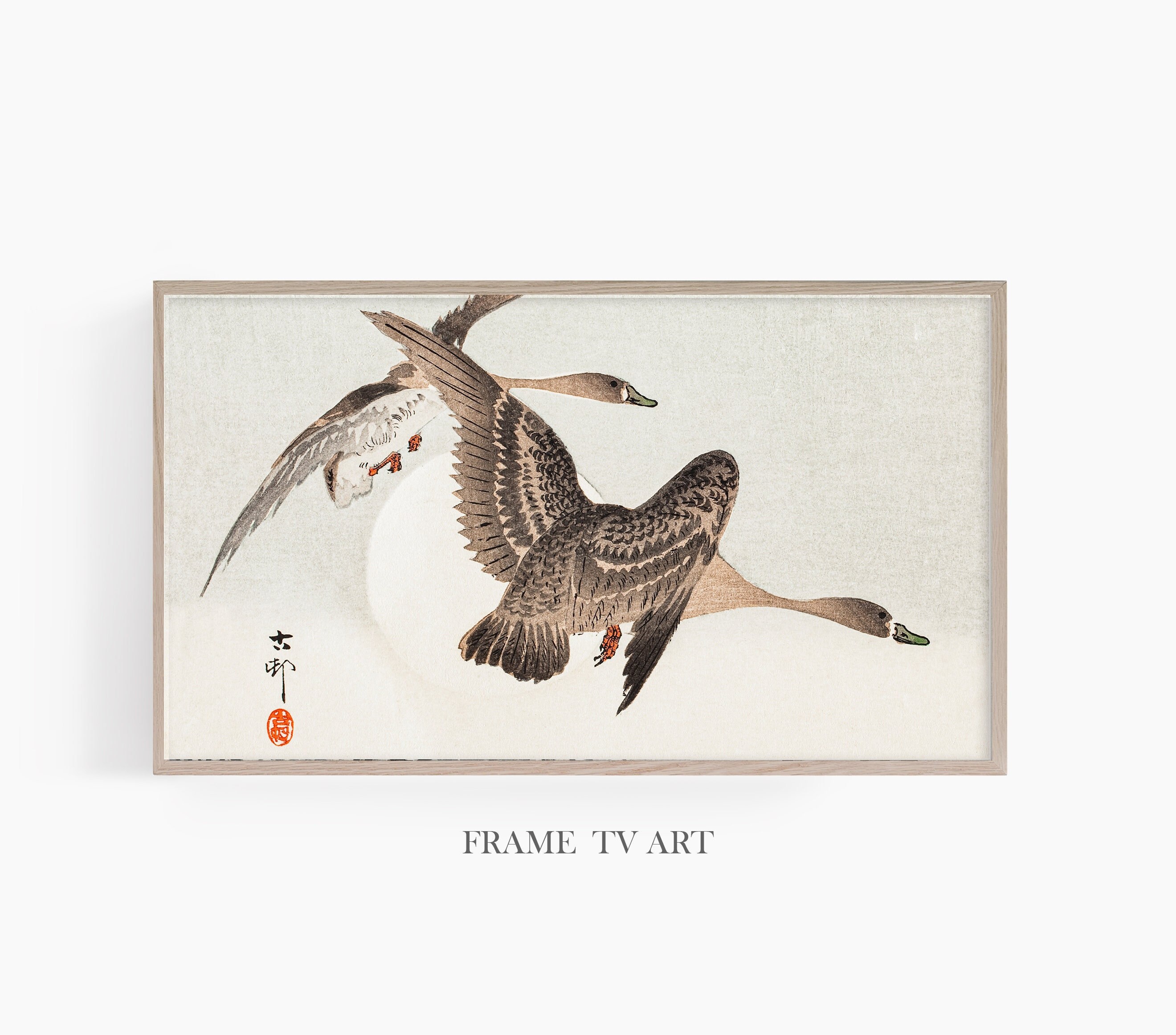 Frame TV Art Vintage Japanese Art Geese and Full Moon by