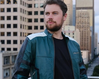 Handmade Mens Inspired Green and White Jacket | Cosplay Costume Green and White Leather Jacket