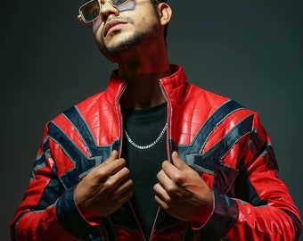 Mens Red and Blue Spider Jacket | Halloween Cosplay Costume Inspired Vegan Leather Jacket  | Men and Women Sizes Available